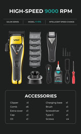 VGR Professional Hair Clipper Set - 9000 RPM Vector Motor, Rechargeable Cordless Grooming Kit with Accessories - Top-Down View
