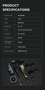 VGR Professional Hair Clipper Set - 9000 RPM Vector Motor, Rechargeable Cordless Grooming Kit with Accessories - 45-Degree Angle