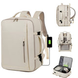 Beige Expandable Backpack with USB Port - Multi-Functional Outdoor, Commuter & Laptop Bag - Front View