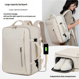 Beige Expandable Backpack with USB Port - Multi-Functional Outdoor, Commuter & Laptop Bag - 45-Degree Angle