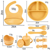 Yellow 8-Piece Silicone Children's Tableware Set - BPA-Free Baby Feeding Utensils with Wooden Fork and Spoon, Cup, Bowl, and Bibs - Front View