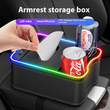 Volcano Red Car Armrest Storage Box with LED Ambient Light - Multifunctional Tissue Holder & Organizer for Car Interior - Front View