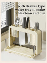 Cream White Multifunctional Kitchen Knife Holder - Integrated Storage Rack for Knives, Chopsticks, and Cutting Boards - Top-Down View