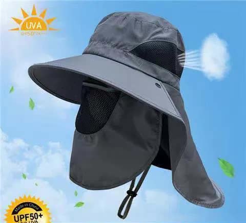 Dark Grey Outdoor UV Protection Hat for Men ??Detachable Face & Neck Shield, Large Brim Sun Hat for Fishing, Hiking, and Outdoor Activities