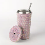 Pink Diamond-Inlaid Insulated 304 Stainless Steel Cup with Straw - Double-Walled, Rhinestone Coffee Mug, Gift Cup for Beverages - Front View