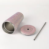 Pink Diamond-Inlaid Insulated 304 Stainless Steel Cup with Straw - Double-Walled, Rhinestone Coffee Mug, Gift Cup for Beverages - Side View