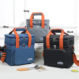 Blue Large Capacity Lunch Bag - Dual-Layer Insulated Cooler Bag for Outdoor, Picnic, and Work Use - 45-Degree Angle