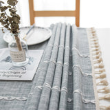140cm*90cm Grey Striped Cotton Linen Embroidered Tassel Tablecloth - European & American Pastoral Style for Restaurants - Top-Down View