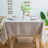 160*100cm Grey Striped Cotton Linen Embroidered Tassel Tablecloth - European & American Pastoral Style for Restaurants - Side View