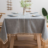 160*100cm Beige Striped Cotton Linen Embroidered Tassel Tablecloth - European & American Pastoral Style for Restaurants - Front View