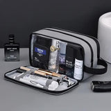 Black Elite Series 3-Layer Large Capacity Men's Toiletry Bag - Portable Travel Cosmetic Organizer with Premium Design - Side View