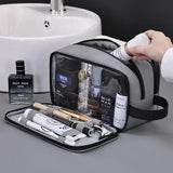 Grey Elite Series 3-Layer Large Capacity Men's Toiletry Bag - Portable Travel Cosmetic Organizer with Premium Design - Top-Down View