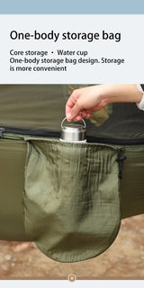 Military Green Outdoor Camping Hammock with Mosquito Net, Anti-Tip Nylon Fabric, Single/Double Person Quick-Setup Hammock - Rear View