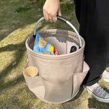 Navy Blue Portable Picnic Basket, Foldable Outdoor Beach Basket with Handle, Multi-Use Storage and Wash Bag - Side View
