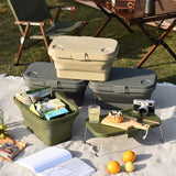 Army Green Foldable Outdoor Picnic Basket with Lid and Tabletop, Camping Storage Box, Car-Friendly Organizer - Front View
