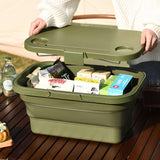 Army Green Foldable Outdoor Picnic Basket with Lid and Tabletop, Camping Storage Box, Car-Friendly Organizer - Top-Down View