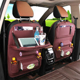 Black Leather Car Backseat Organizer with Foldable Tray Table & Trash Bag - Multi-functional Car Storage Solution - Front View