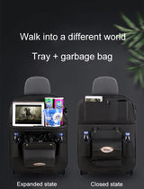 Black Leather Car Backseat Organizer with Foldable Tray Table & Trash Bag - Multi-functional Car Storage Solution - Top-Down View
