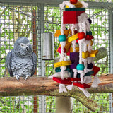 Colorful Parrot Toy with Wooden Beads, Blocks, and Cotton Rope - Chewing and Climbing Fun for Birds - Front View