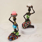 Green European Resin African Woman Candle Holders - Decorative Tabletop Candle Stands for Coffee Bars & Home Decor - Front View