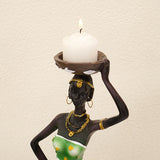 Green European Resin African Woman Candle Holders - Decorative Tabletop Candle Stands for Coffee Bars & Home Decor - Side View