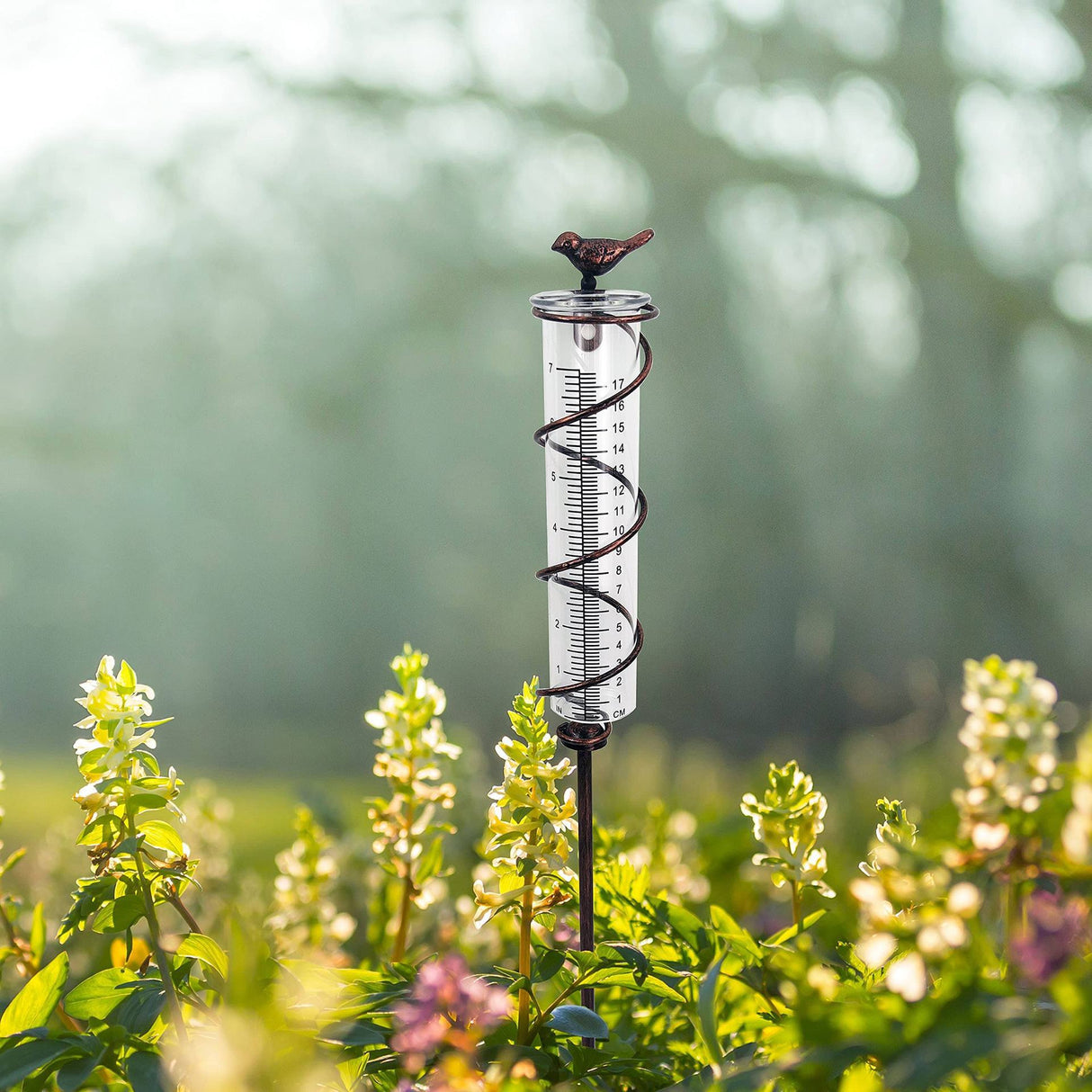 Decorative Garden Rain Gauge ??Glass Rain Meter with Metal Stake and Bird Design