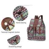 Bohemian Style Canvas Backpack - Vintage Tribal Pattern Travel Bag with Leather Straps - Side View