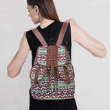 Bohemian Style Canvas Backpack - Vintage Tribal Pattern Travel Bag with Leather Straps - Rear View
