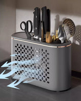 White All-in-One Kitchen Knife and Utensil Holder - Multi-Functional Organizer with Storage Drawers - Side View