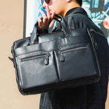 Brown Men's Genuine Leather Briefcase - Classic Business Messenger Bag - Front View