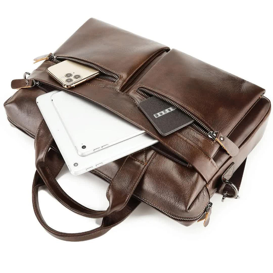 Coffee Men's Genuine Leather Briefcase - Classic Business Messenger Bag