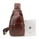 Black Men's Leather Sling Backpack - Casual Crossbody Chest Bag - Front View