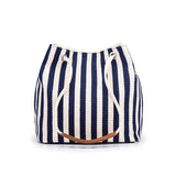 Blue Stripes Canvas Bucket Tote Bag with Leather Handle