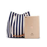 Light Blue Stripes Canvas Bucket Tote Bag with Leather Handle - Front View