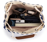 Beige Canvas Bucket Tote Bag with Leather Handle - Side View