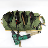 Khaki Portable Roll-Up Tool Organizer with Zippered Pockets - Top-Down View