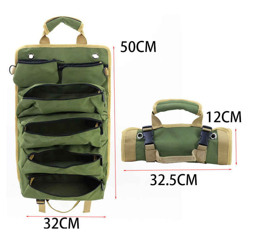 Khaki Portable Roll-Up Tool Organizer with Zippered Pockets, image 6