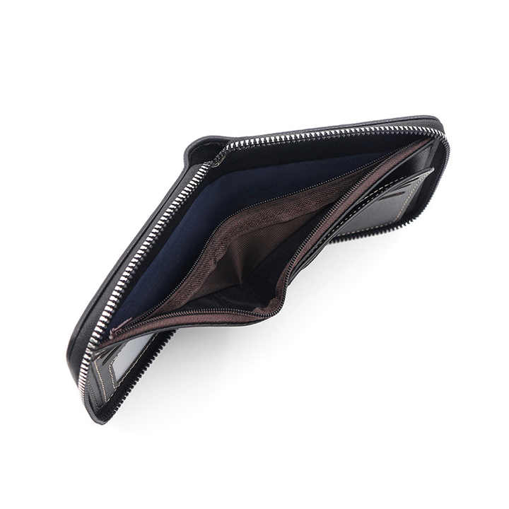 Black Men's Leather Wallet with Zipper and Horse Embossed Design - Compact and Stylish