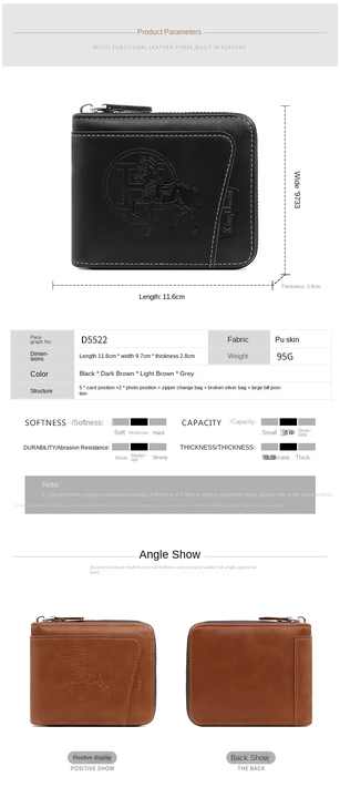 Dark Brown Men's Leather Wallet with Zipper and Horse Embossed Design - Compact and Stylish