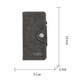 Brown Women's Long Zipper Wallet with Button Closure - PU Leather Multi-Compartment Clutch Purse - Top-Down View