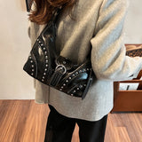 Red Vintage Studded PU Leather Shoulder Bag with Adjustable Strap - Top-Down View
