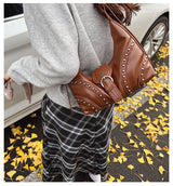 Brown Vintage Studded PU Leather Shoulder Bag with Adjustable Strap - Front View