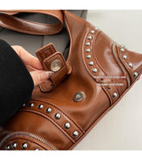 Brown Vintage Studded PU Leather Shoulder Bag with Adjustable Strap - 45-Degree Angle