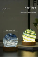 Aurora LED Planet Night Light with Wooden Base, USB Rechargeable - Side View