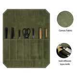Green Durable Waxed Canvas Knife Roll Bag - Portable Chef Tool Organizer - Top-Down View