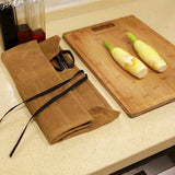 Beige Durable Waxed Canvas Knife Roll Bag - Portable Chef Tool Organizer - Rear View