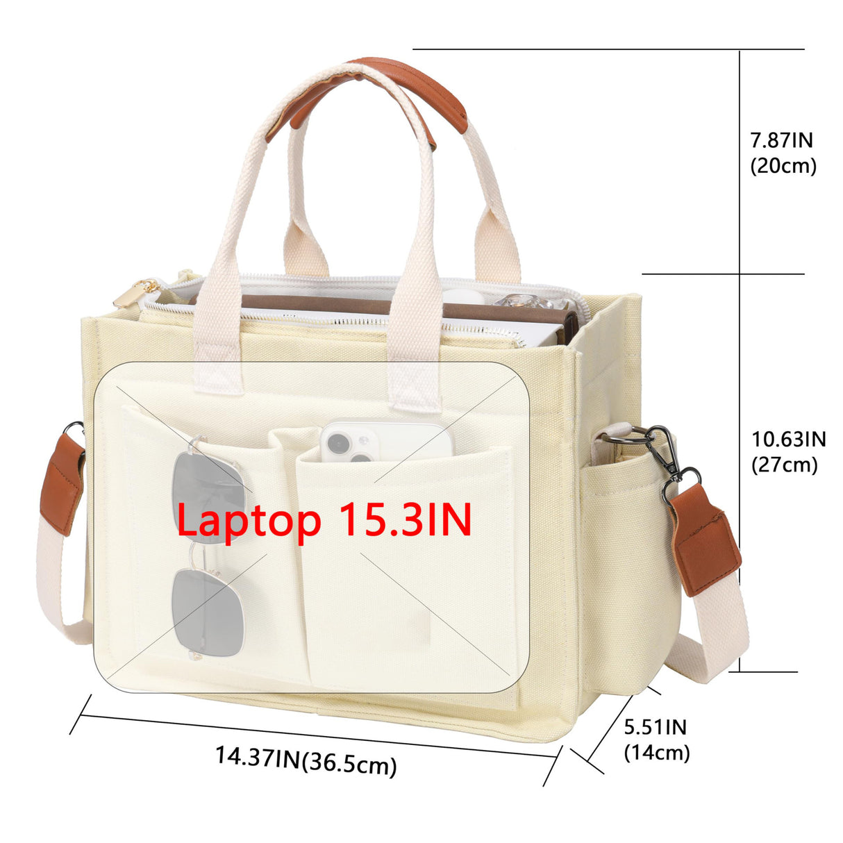 White Stylish Canvas Briefcase Tote Bag with Large Capacity for Women