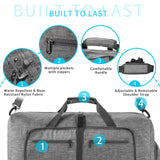 Grey Large Foldable Travel Duffel Bag with Shoe Compartment and Carry Pouch - Lightweight, Durable, and Spacious - Front View