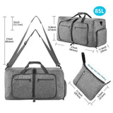 Grey Large Foldable Travel Duffel Bag with Shoe Compartment and Carry Pouch - Lightweight, Durable, and Spacious - 45-Degree Angle