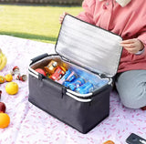 Green Leaves Portable Aluminum Foil Insulated Picnic Basket with Zipper Lid, 40x20x23cm - Top-Down View